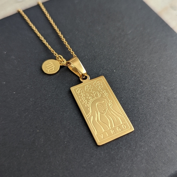 VIRGO ♍ - 18k Gold Plated Stainless Steel Zodiac Sign Tarot Card Necklace - Picture 5 of 14